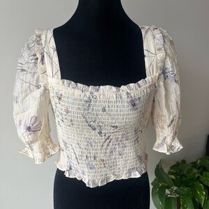 Smocked Cream Floral Square-Neck Women's Top